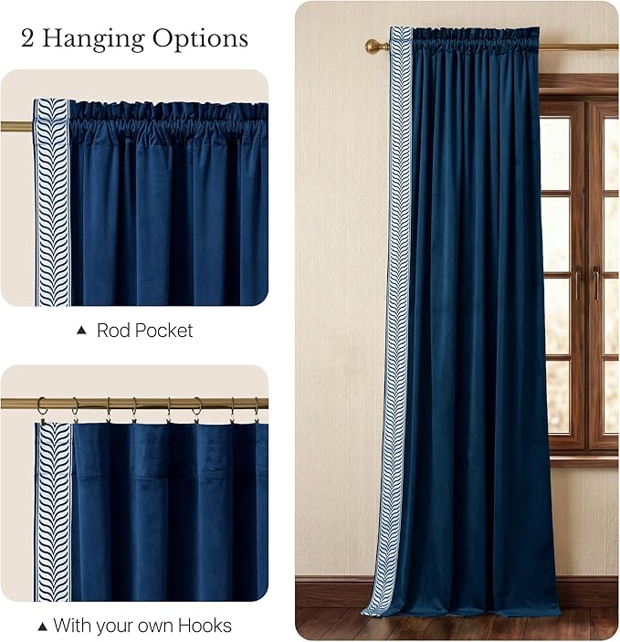NICETOWN Rod Pocket Embroidered Trim Velvet Curtains, 2 Panels, Navy Blue, Velvet Curtains 96 inches Long, Soft and Elegant Heavy Matt Solid Thermal Insulation Drapes for Bedroom, Living Room