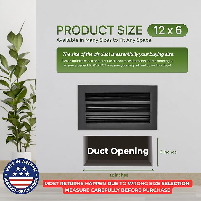 Modern Air Vent Cover 12x6 (Duct Opening) - Decorative Black Aluminum Linear Slot Diffuser for Wall, Ceiling, Floor Register - Quiet Operation HVAC Grille for Home with Adjustable Airflow