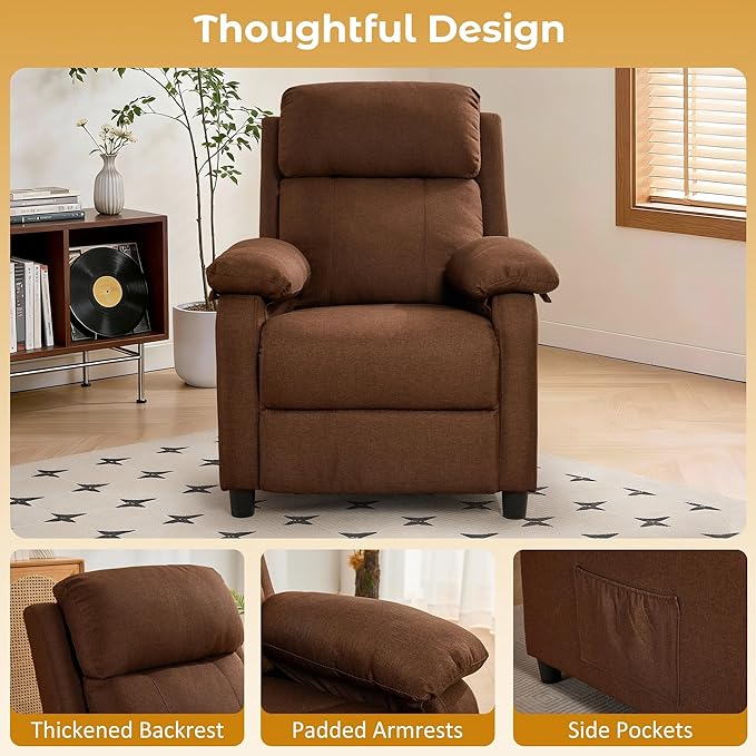 Recliner Chair, Reading Chair for Adults with Side Pockets, Recliners with Padded Deep Seat, Small Recliners for Small Spaces, Linen Fabric Comfy Chair for Bedroom, Living Room, and RV