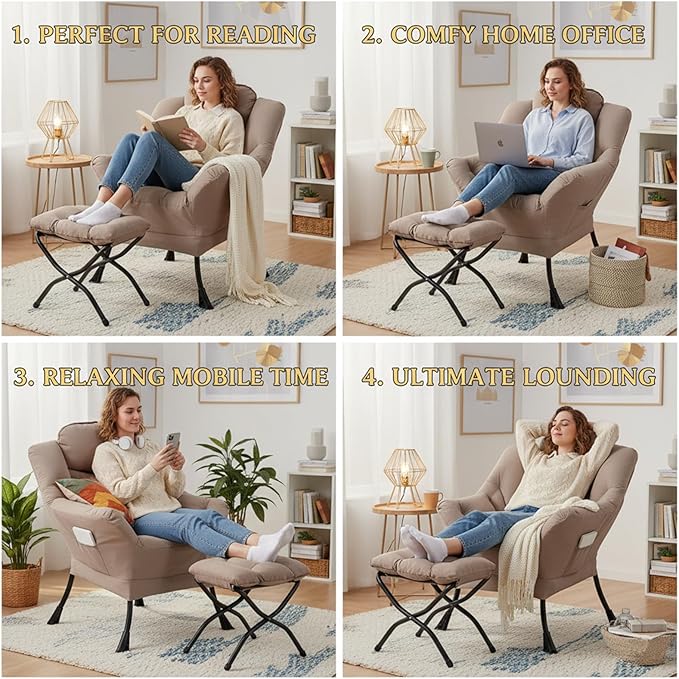 Tiita Lazy Chair with Ottoman, Khaki Modern Large Accent Chair, Comfy Leisure Sofa Armchair with Ottoman, Reading Chair with Footrest for Bedroom, Living Room, Dorm Rooms, Khaki