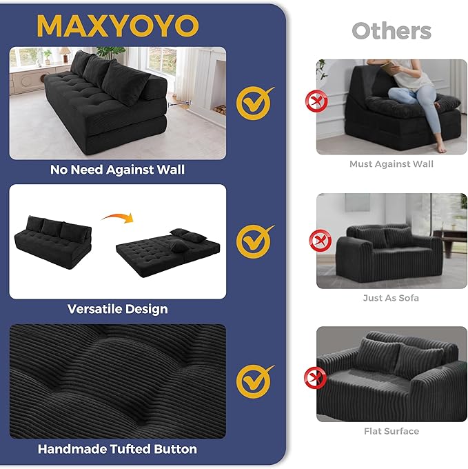 MAXYOYO Folding Sofa Couch, Convertible Floor Sleeper Couch with 2 Pillows, Tufted Floor Oversized Loveseat Couch Tufted Fold Out Chair Bed Comfy Sofa Lounge for Living Room Bedroom, Black