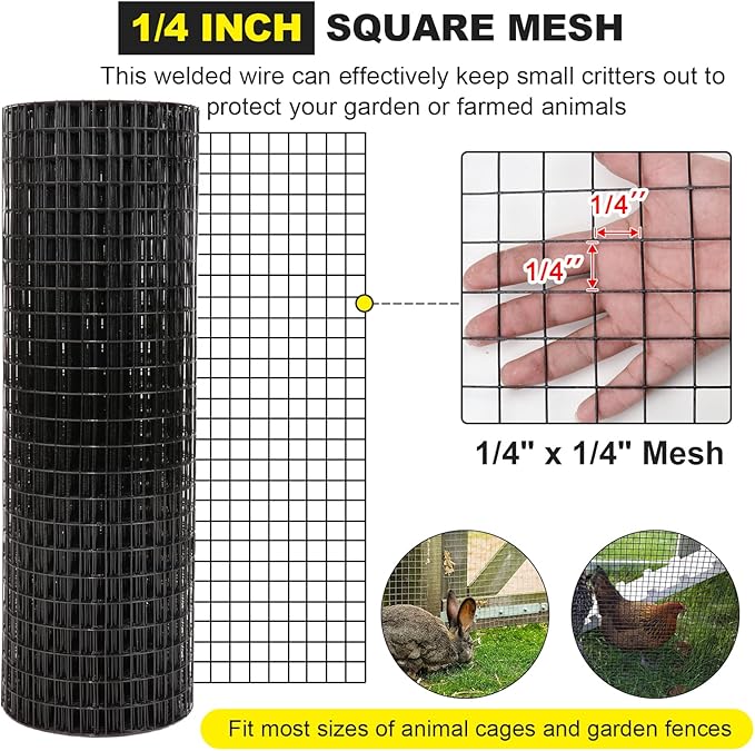FORIMO 24'' x 50' 1/4inch Hardware Cloth 19 Gauge Black Vinyl Coated Welded Fence Mesh for Home and Garden Fence and Home