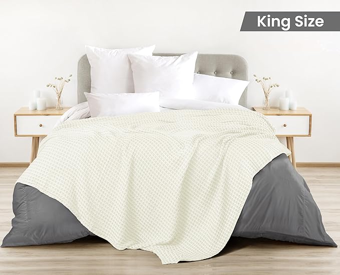 Utopia Bedding Ivory 100% Cotton Waffle Blanket 300 GSM [King - 90x108 Inch] Soft Lightweight Breathable Bed Blanket for All Season