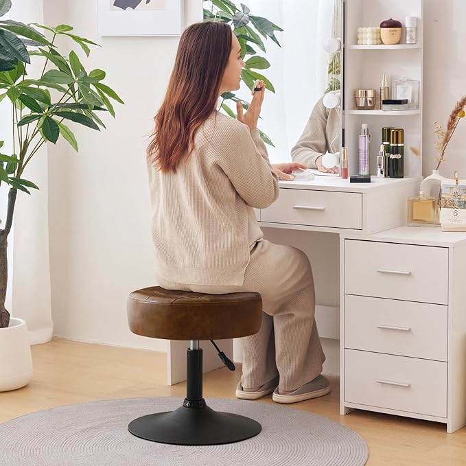Furniliving Faux Leather Makeup Vanity Stool, Mid-Century Tufted Adjustable Swivel Ottoman Stool Modern Big Size Round Accent Chair for Living Room Bedroom Bathroom, YellowBrown