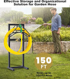 Outdoor Garden Hose Holder Freestanding with Brass Faucet And 4 Spikes, Heavy Duty Metal Water Hose Reel Stand Hanger Rack Organizer Holds Storage 150ft Hose for Outside Yard Lawn, Black