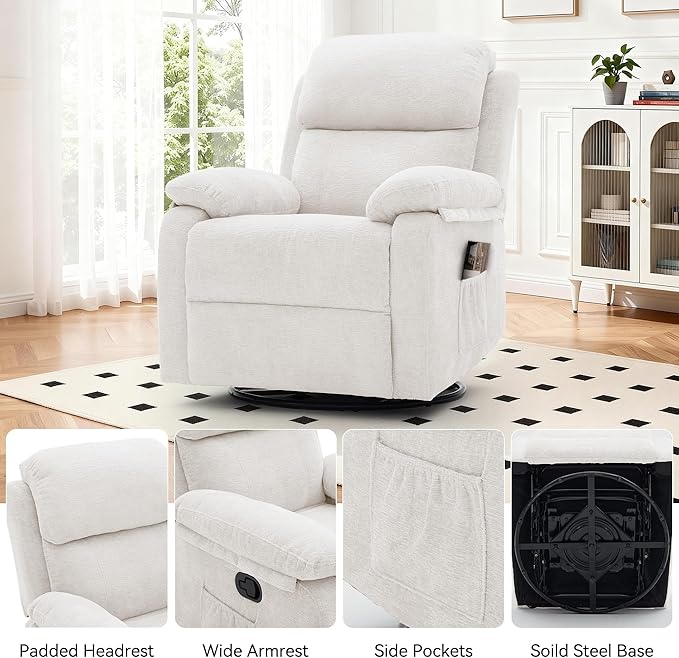 Recliner Chair, 360 Swivel Rocker Chair for Adults, Small Rocking Recliner Chair for Small Spaces, Upholstered Chenille Fabric Glider Recliner Nursery Chair with Side Pockets for Living Room