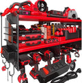 Power Tool Organizer Wall Mount with 4-Outlet Power Strip, Heavy Duty Metal Storage Rack for Garage, Holds 6 Drills & Batteries - Ideal Christmas Gifts for Men, Dad, Husband from Wife