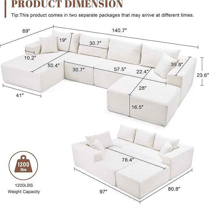 140” Cloud Sectional Couch, Modular Sectional Sofa with Deep Seat, Boneless Sofa for Living Room, Fluffy Comfy U-Shaped Couch with Left Facing Chaise, No Assembly Required, Beige