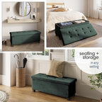 Storage Ottoman Bench with Bins, 43-in Storage Bench for Bedroom End of Bed, Folding Foot Rest Ottoman for Living Room Max 660lbs, Velvet Ottomans, Green