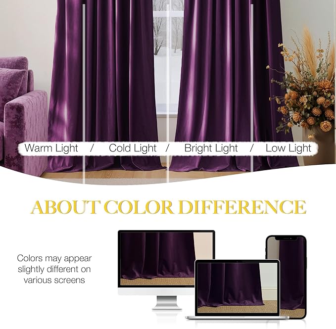 NICETOWN Blackout Purple Gothic Velvet Curtains 96 inch Long, Dark Purple - Rod Pocket Drapes Soft Window Treatments for Bedroom and Living Room(2 Panels, 52" Wide)
