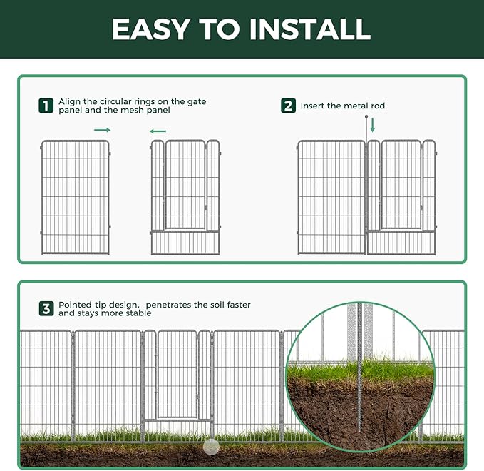FXW Garden Fence Outdoor for The Yard – 45in(H) x 54.7ft(L) Heavy Duty Metal Animal Barrier for Dog and Rabbit, Decorative Dog Fence, 24 Panels, Silver