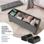 Storage Ottoman Bench with Bins, 43-in Storage Bench for Bedroom End of Bed, Folding Foot Rest Ottoman for Living Room Max 660lbs, Faux Leather Ottomans, Grey