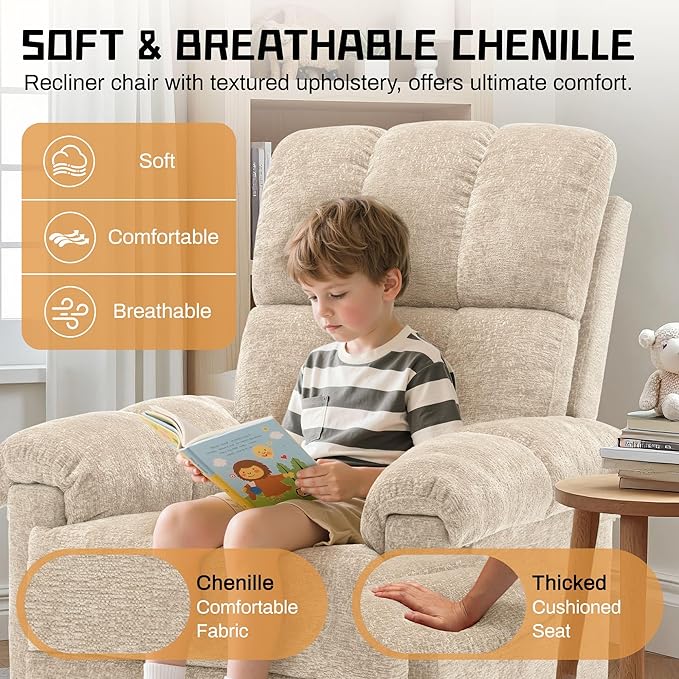 Recliner Chair, Swivel Rocker Recliner Chair for Adults, Small Recliners for Small Spaces, Manual Recliner with Side Pockets, Upholstered Nursery Rocking Chair for Living Room, Chenille, Khaki