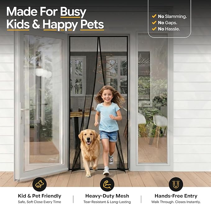 AUGO Magnetic Screen Door - Self Sealing, Heavy Duty, Hands Free Mesh Partition Keeps Bugs Out - Pet and Kid Friendly - Patent Pending Keep Open Feature - 38 Inch x 83 Inch