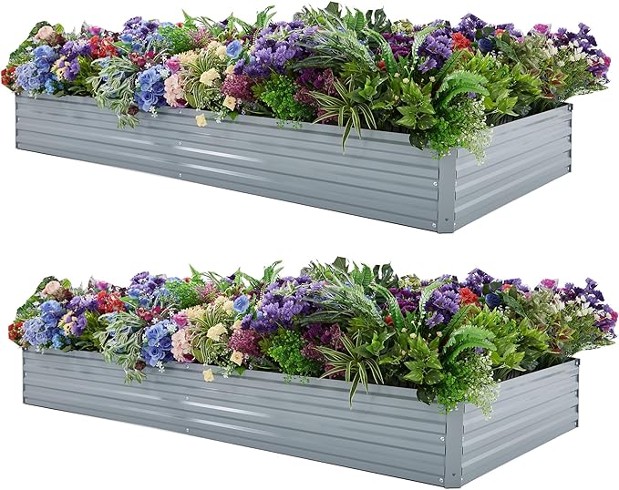 Galvanized Raised Garden Bed,Outdoor Planter Box Metal Patio Kit Planting Bed for Vegetables Flowers Herb,8x4x1ft(2 Pack),Grey