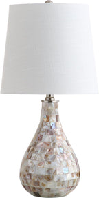 JONATHAN Y 20.5" Seashell Coastal Mini LED Table Lamp for Living Room Office, White Linen Drum Shade, Modern Mother of Pearl Bedside Nightstand Lamp, LED Bulb Included JYL1024A