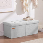 HAUSFRAU 31.5 Inches Ottoman with Storage Bench, Folding Ottoman Bench Small Foot Rest Stool, Bedroom Bench with Flipping Lid, Linen Silver