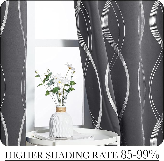 NICETOWN Gray Blackout Curtains 72 inch Long for Bedroom - Microfiber Noise Reducing Thermal Insulated Wave Line Foil Print Design Drapes for Patio Sliding Glass Door (2 Panels, 52 x 72 Inch)