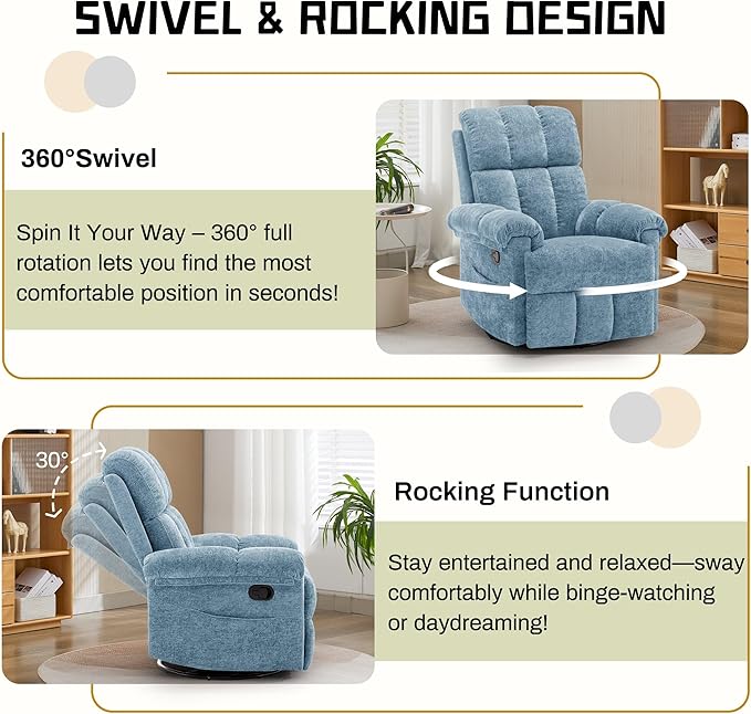 Recliner Chair, Swivel Rocker Recliner Chair for Adults, Small Recliners for Small Spaces, Manual Recliner Chair with Side Pockets, Nursery Rocking Chair for Living Room, Chenille, Airy Blue