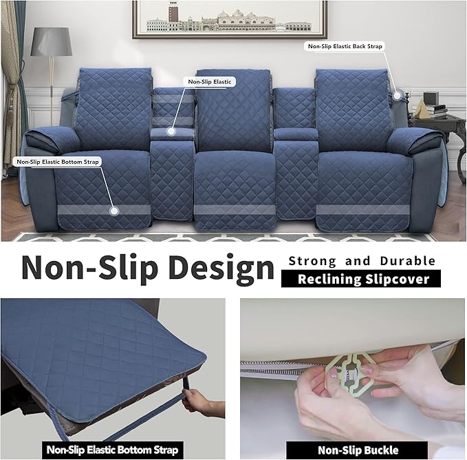 Easy-Going Recliner Sofa Cover with Console, Reversible Couch Cover for Living Room, Split Sofa Cover for Each Seat with Elastic Straps for Kids, Dogs, Pets (3 Seater, Dark Blue/Light Blue)