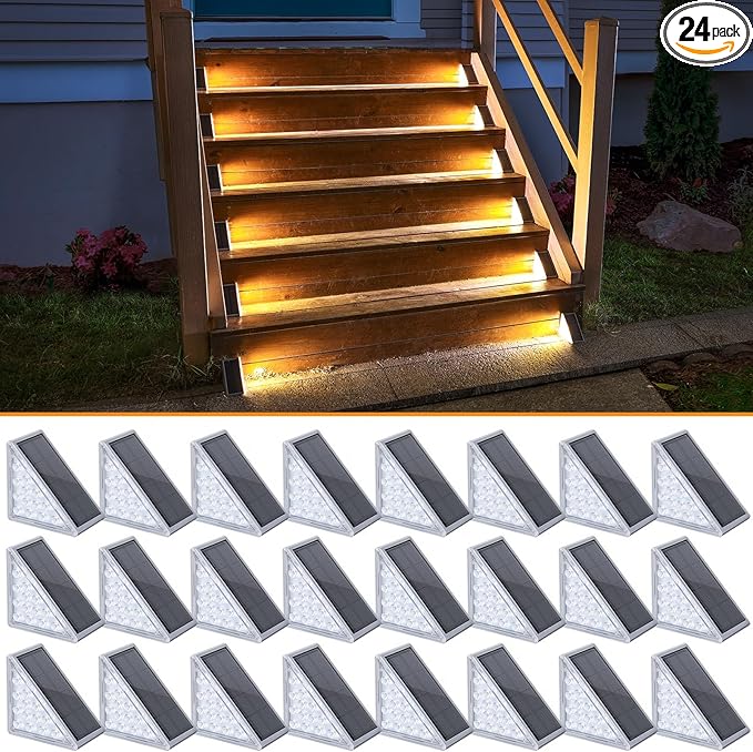 NIORSUN Solar Step Lights 24 Pack - Outdoor Stair Lights with 3000K Warm White & 6000K Cool Daylight, IP67 Waterproof, Auto On/Off, Super Bright for Deck, Patio, Steps