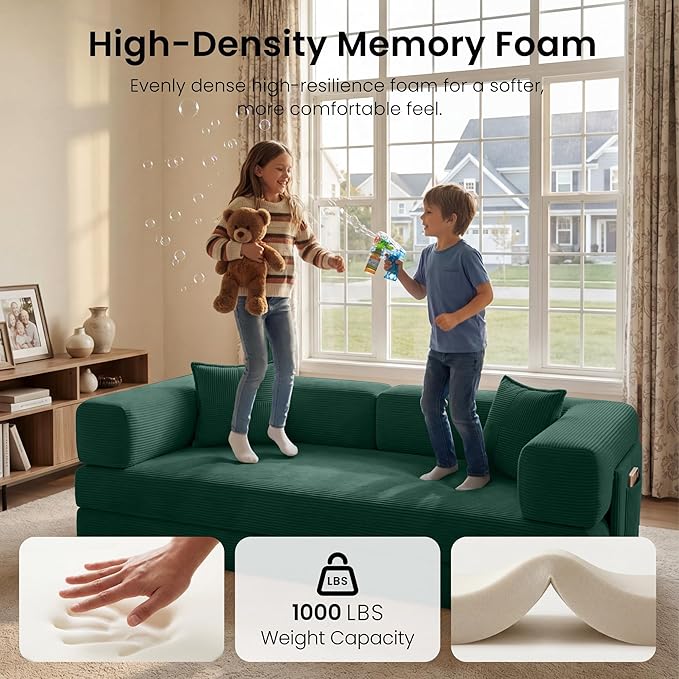 78.8" Convertible Sofa Bed,Corduroy Futon Couch with Storage Pocket,Folding Pull Out Futon Sofa,No Assembly Boneless Couch for Living Room, Emerald Green | Convertible Sofa Bed, Boneless Couch, sofa for living room, sleeper sofa, modular sofa