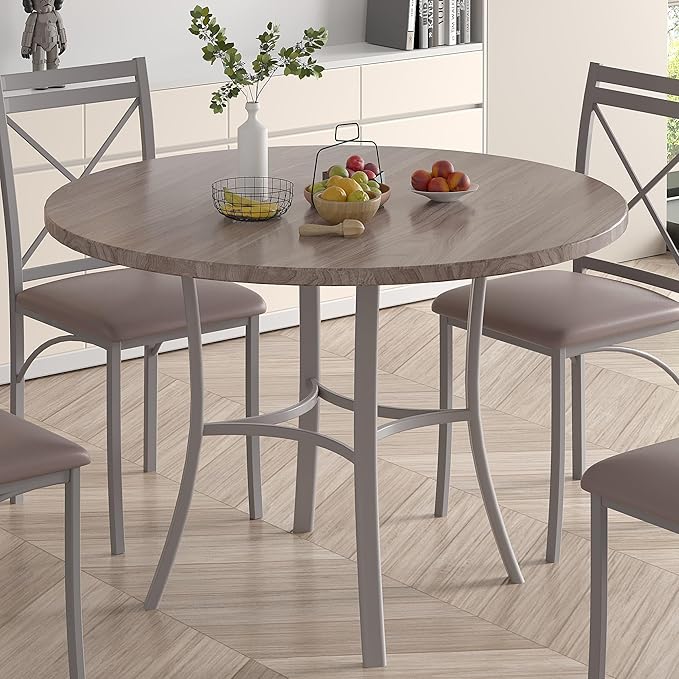 VECELO 36" Round Dining Table for 4, Wood Grain Dinette with Metal Frame for Kitchen, Apartment, Home, Space-Saving, Elegant Grey