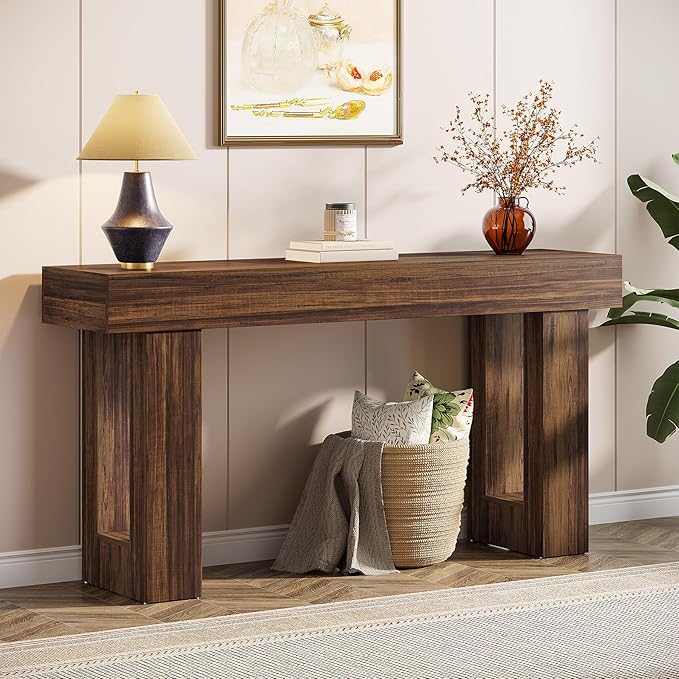 Tribesigns 63-Inch Long Console Table, MDF Wood Grain Rectangular Sofa Table Behind The Couch, Farmhouse Entryway Table for Entrance, Hallway, Living Room (Rustic Brown)
