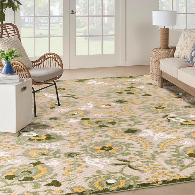 Nourison Home Aloha Ivory Green 7'10" x 10'6" Area Rug - Easy Clean, Non Shedding, Bed Room, Living Room, Dining Room, Kitchen (8' x 11')