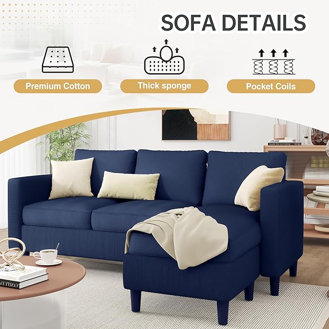 JAMFLY 3-Seat Convertible L-Shaped Sectional Sofa with Reversible Ottoman, Upholstered Fabric Couch for Small Living Rooms, Modern Modular Couch for Apartment, Studio & Loft, Blue