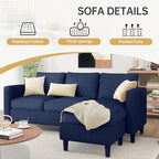 JAMFLY 3-Seat Convertible L-Shaped Sectional Sofa with Reversible Ottoman, Upholstered Fabric Couch for Small Living Rooms, Modern Modular Couch for Apartment, Studio & Loft, Blue