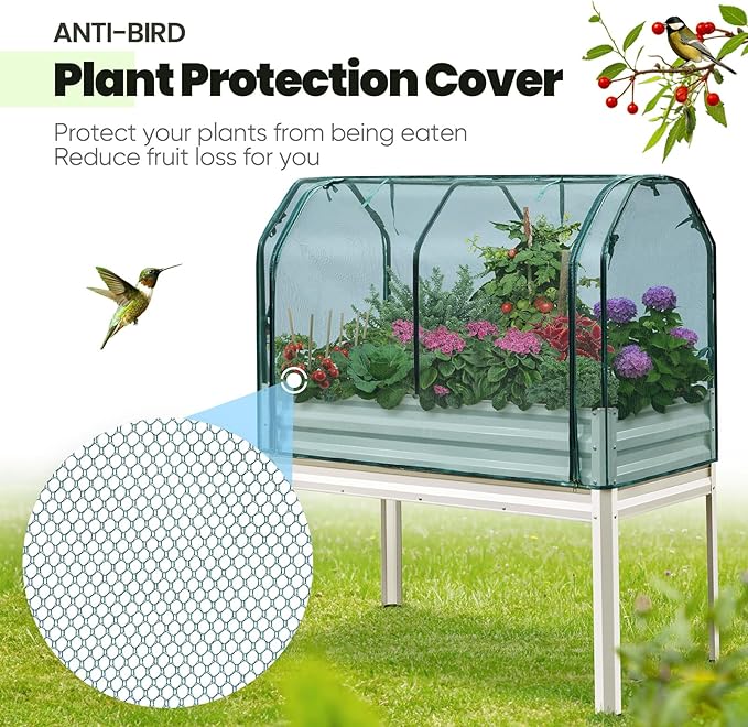 KING BIRD Large Raised Garden Bed with Netting Galvanized Elevated Planter Box with Legs 48×24×56 in for Backyard, Patio, Balcony, 400lb Capacity, Beige