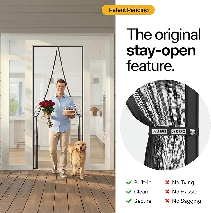 AUGO Magnetic Screen Door - Self Sealing, Heavy Duty, Hands Free Mesh Partition Keeps Bugs Out - Pet and Kid Friendly - Patent Pending Keep Open Feature - 38 Inch x 97 Inch