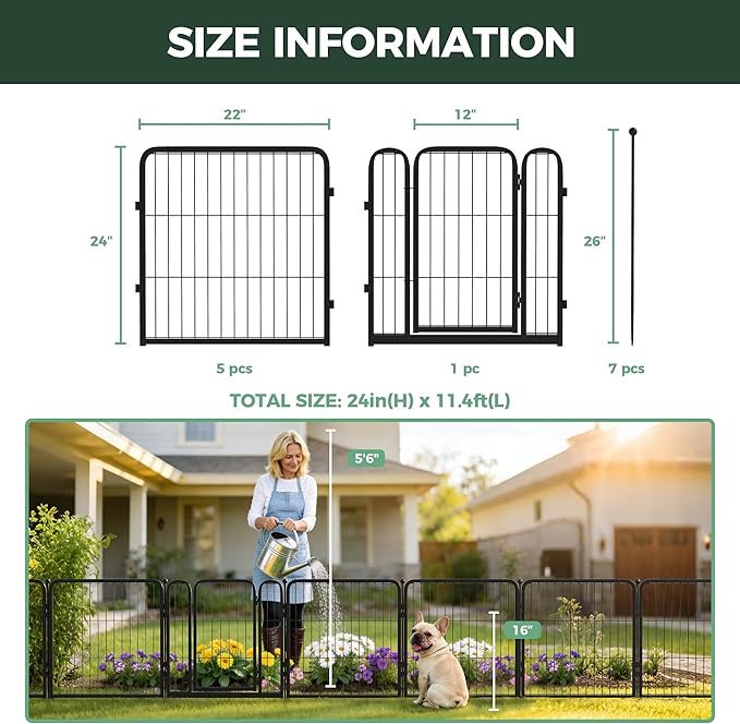 FXW Garden Fence Outdoor for The Yard – 24in(H) x 11.4ft(L) Heavy Duty Metal Animal Barrier for Dog and Rabbit, Decorative Dog Fence, 6 Panels, Black