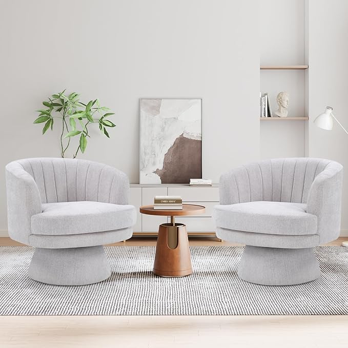 CANMOV Swivel Accent Chair with Armrest Set of 2, Modern 360 Degree Swivel Barrel Chair with Curve Back and Soft Cushion, Comfy Fabric Round Armchair Single Sofa for Living Room, Bedroom,Grey