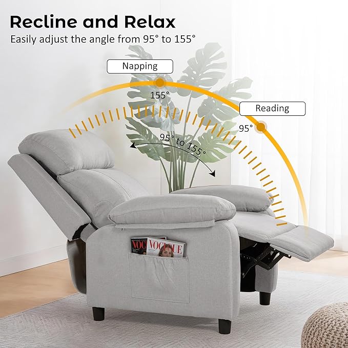 Recliner Chair, Reading Chair for Adults with Side Pockets, Recliners with Padded Deep Seat, Small Recliners for Small Spaces, Linen Fabric Comfy Chair for Bedroom, Living Room, and RV