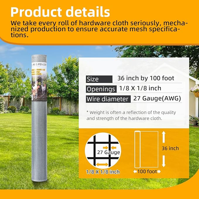 36in x 100ft Hardware Cloth 1/8 inch 27Ga Hot Dipped Galvanized After Welding, Chicken Coop Wire Fence, Welded Metal Fencing Roll Mesh for Bee Screen Garden Plant Poultry Animal Netting Cage