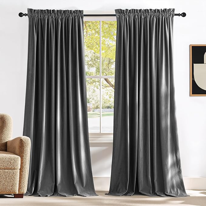 NICETOWN Grey Velvet Curtains 144 inches Long for Living Room, Sound and Sunlight Reducing Heavy Matt Rod Pocket Drapes/Panels for High Celling Wall (2 Panel Per Pack, 52x144)