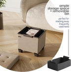 Storage Ottoman Cube with Small Bin, 15-in Square Ottoman with Storage for Living Room and Bedroom, Small Ottomans Foot Rest, Fabric Foot Stools Ottomans Max 330lbs, Taupe