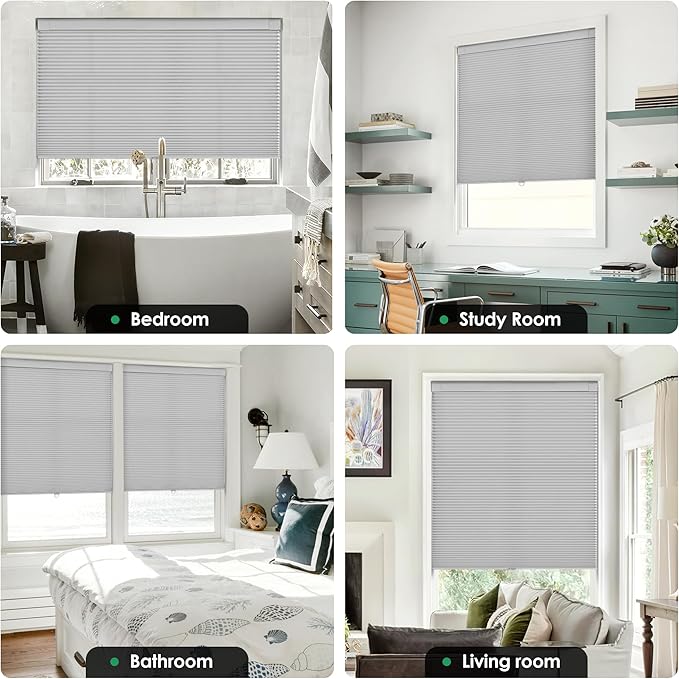 LazBlinds No Tools No Drill Cordless Cellular Shades, Light Filtering Honeycomb Shades for Home, Thermal Insulation Blinds for Windows, 23" W x 48" H, Grey