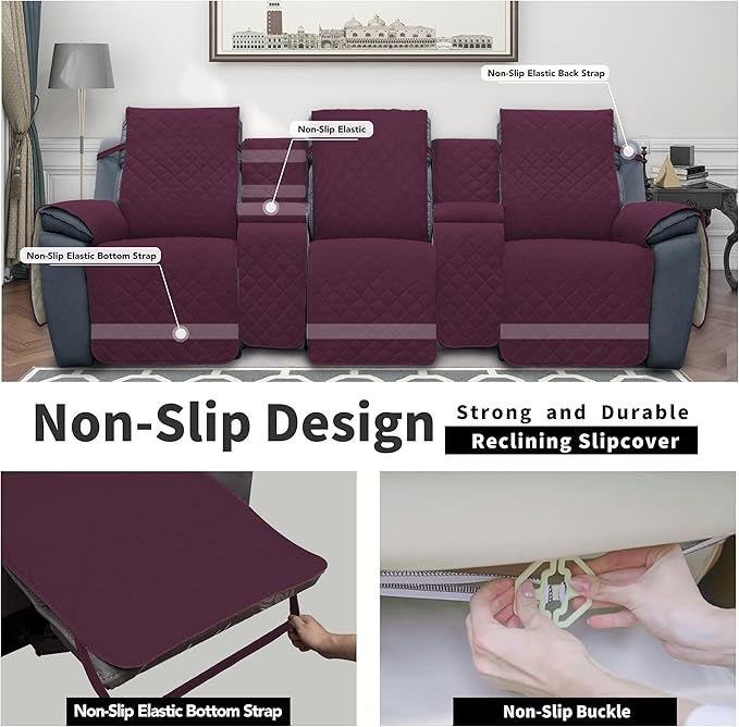 Easy-Going Recliner Sofa Cover with Console, Reversible Couch Cover for Living Room, Split Sofa Cover for Each Seat with Elastic Straps for Kids, Dogs, Pets (3 Seater, Wine/Beige)