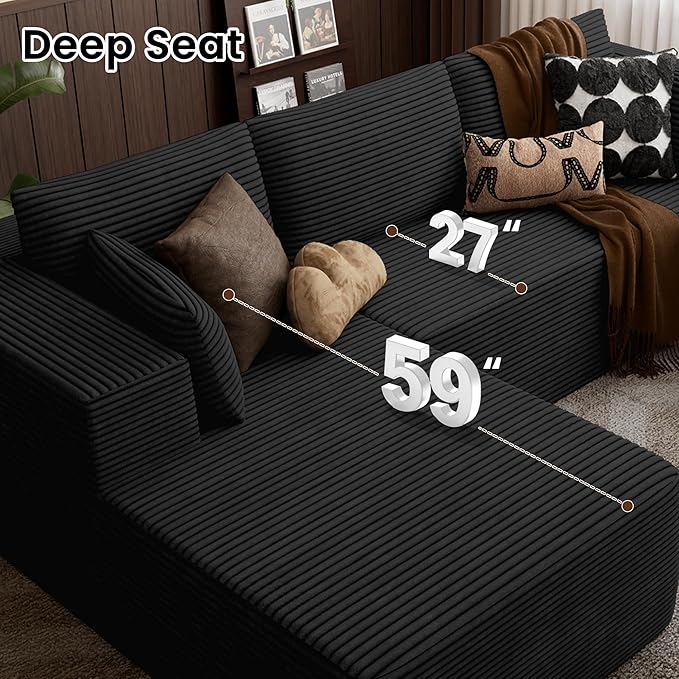 106" Cloud Sectional Boneless Couches for Living Room, Modular L Shaped Couch with Deep Seat Oversized Left Facing Chaise, Memory Foam Compressed Spineless 3 Seater Sofa for Bedroom Apartment, Black