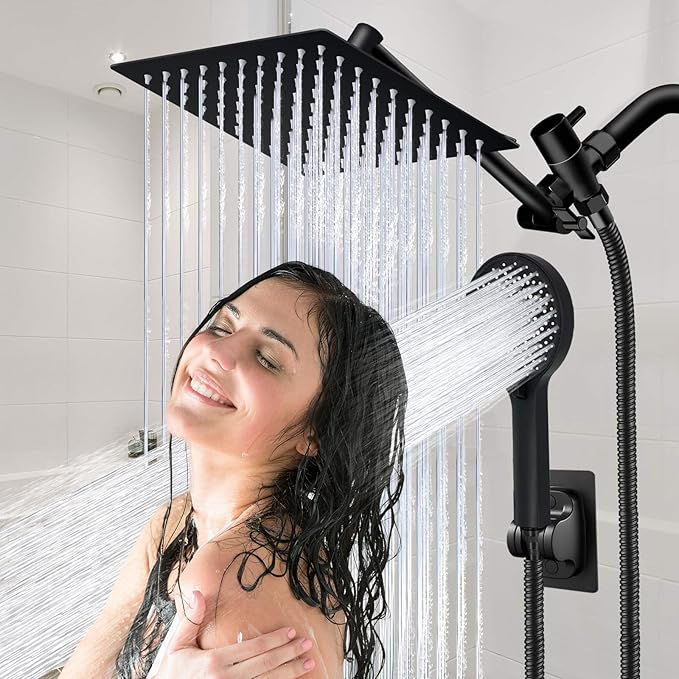 Shower Head,8”Rain Shower Head with Handheld Spray Combo and Adjustable Extension Arm/3-Way Flow Regulator/Shower System,High Pressure Rain Fall Hose,Matt Black