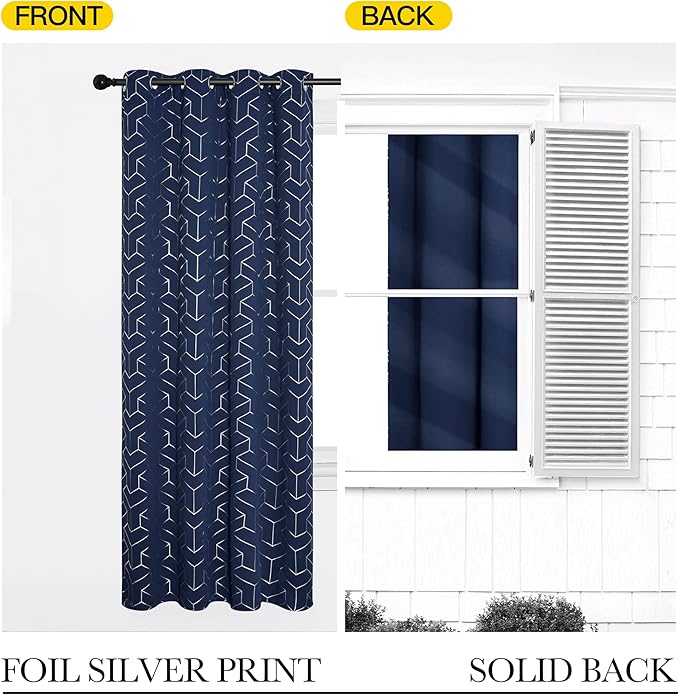NICETOWN Blackout Curtain Panels 84 inches Long, Window Treatment Foil Printed Diamond Pattern Thermal Insulated Grommet Blackout Drapes for Living Room/Office/Guest Room(Navy, 1 Pair, 52 inches Wide)