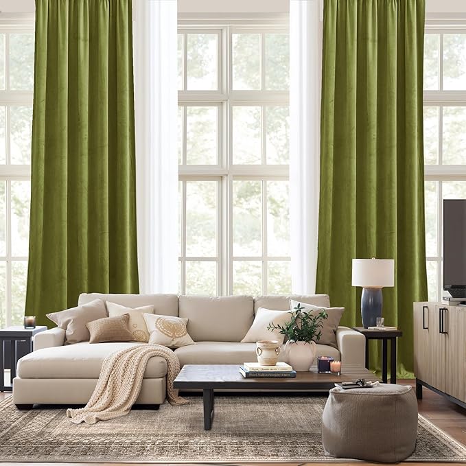 NICETOWN Moss Green Velvet Drapes 120 inch Long for Living Room - Room Darkening Thermal Insulated Noise Reducing Curtains for Film, Extra Long Drapes for Large Door Windows (2 Panels, 52 x 120),
