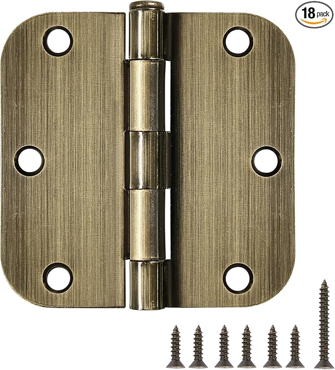 18 Pack Door Hinges Antique Brass 3.5 Inch Interior 3 1/2" Round 5/8" Radius Heavy Duty Metal Hardware Kit 3 ½" 5/8" Radius Flat Hinge for Bifold Doors Decor Master Bedroom Storage Room