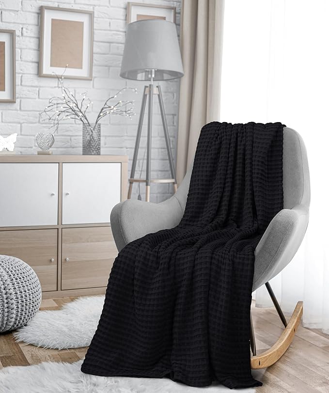 Utopia Bedding Black 100% Cotton Waffle Blanket 300 GSM [Queen - 90x90 Inch] Soft Lightweight Breathable Bed Blanket for All Season