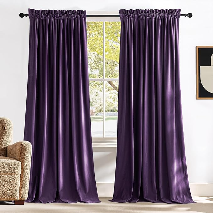 NICETOWN Purple Blackout Curtains for Backdrops, Thermal Insulated Noise Reducing Velvet Curtains for Film, Extra Long Window Curtains for Large Door Windows (2 Panels, 52-inch Wide x 120-inch Long)