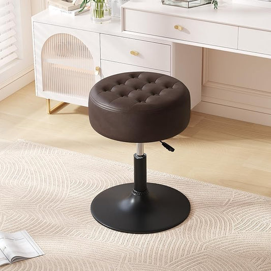 Furniliving Mid-Century Tufted Adjustable Swivel Makeup Ottoman Stool; Modern Big Size Round Vanity Stool Chair for Bedroom Living Room (BlackBrown)