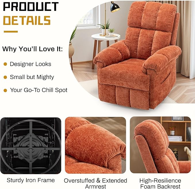 Recliner Chair, Swivel Rocker Recliner Chair for Adults, Small Recliners for Small Spaces, Manual Recliner with Side Pockets, Upholstered Nursery Rocking Chair for Living Room, Chenille, Orange